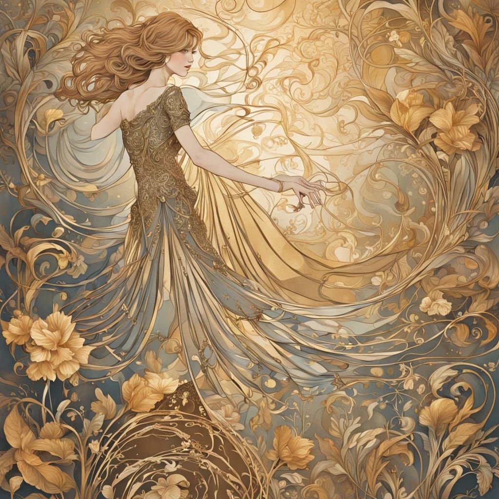 Elegant Art Nouveau Figure Surrounded by Organic Forms