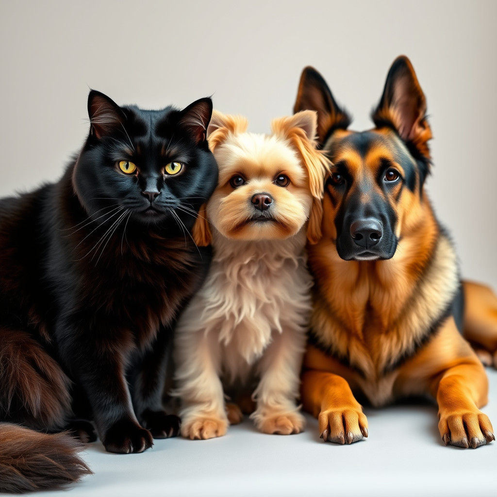 Harmonious Trio: Cat and Dogs in Studio Portrait