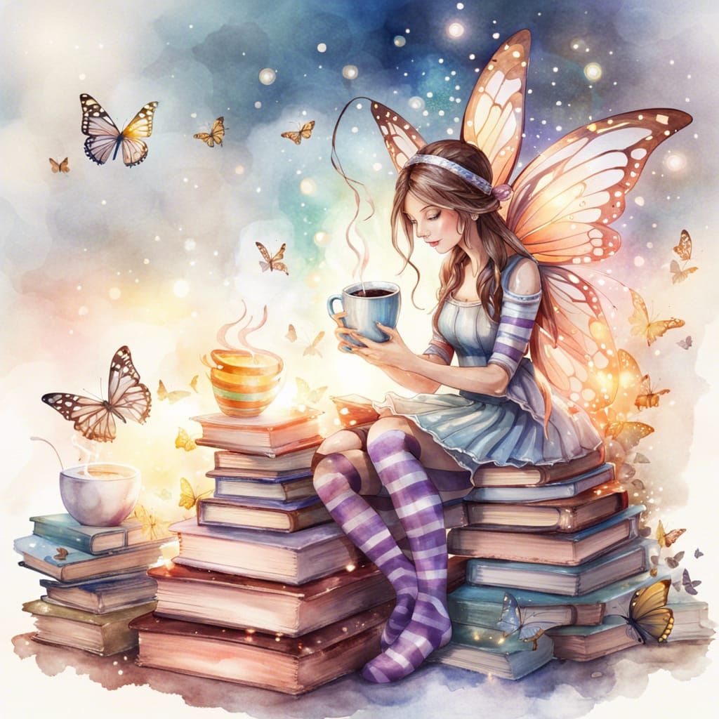 Fairy with Coffee Cup on Book Pile