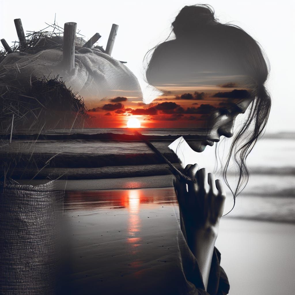 Weary Woman Seeks Hope in Sunset