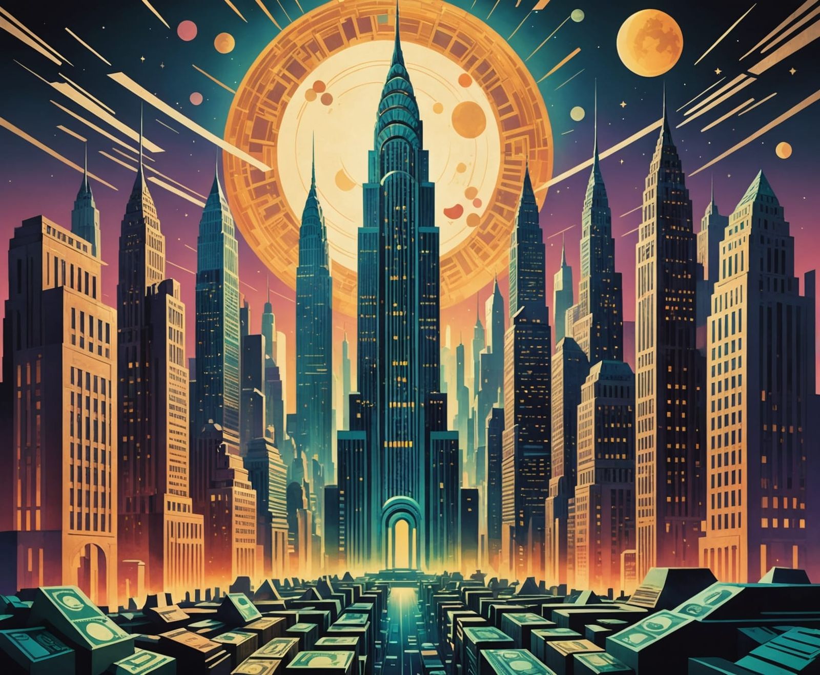 Art Deco City of Money with Geometric Moon