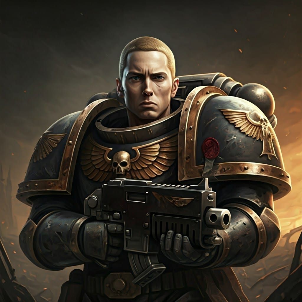 Eminem as Warhammer 40k Warrior in Gritty Style