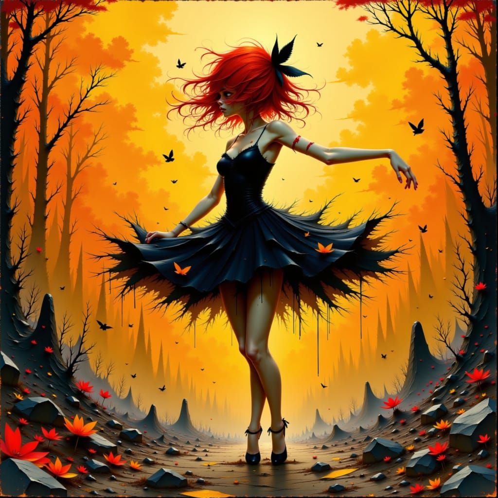 Crimson Sprite in Charred Landscape, Anime Style