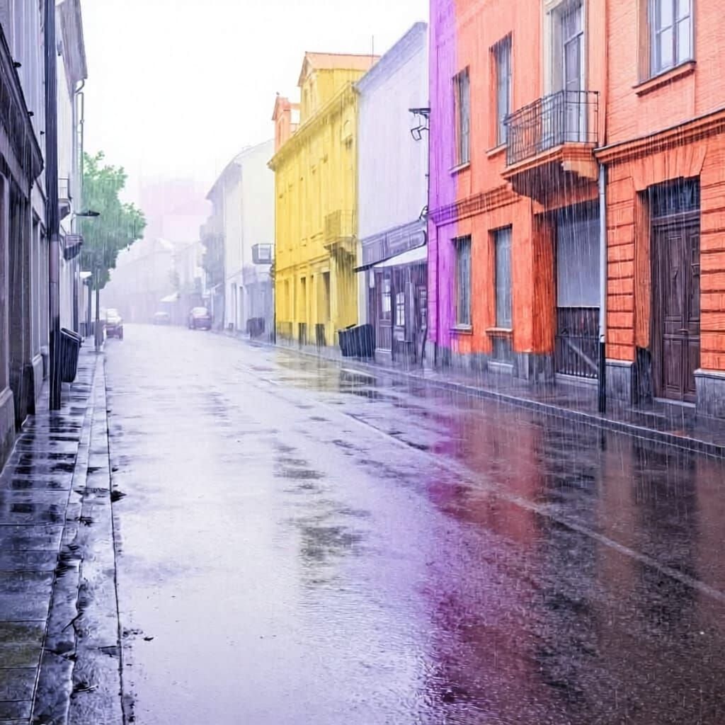 Monochrome Urban Street with Illustrated Rain in Fine Art St...