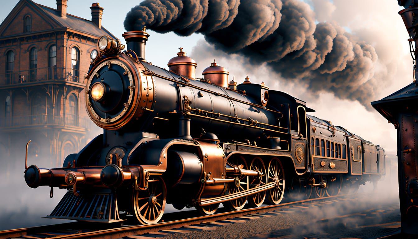 Victorian-Era Steampunk Engine in Golden Twilight