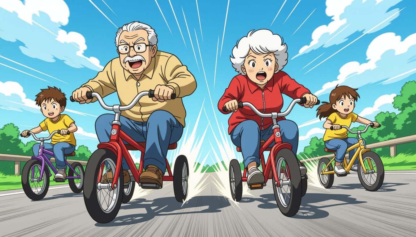 Grandparents Tricycle Race in Action Manga Style