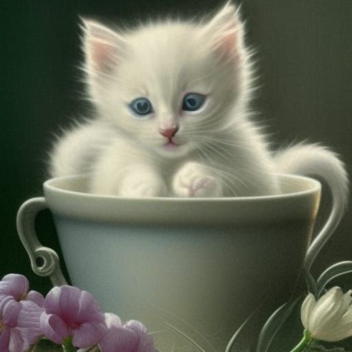 Kitten in Teacup in Renaissance Style