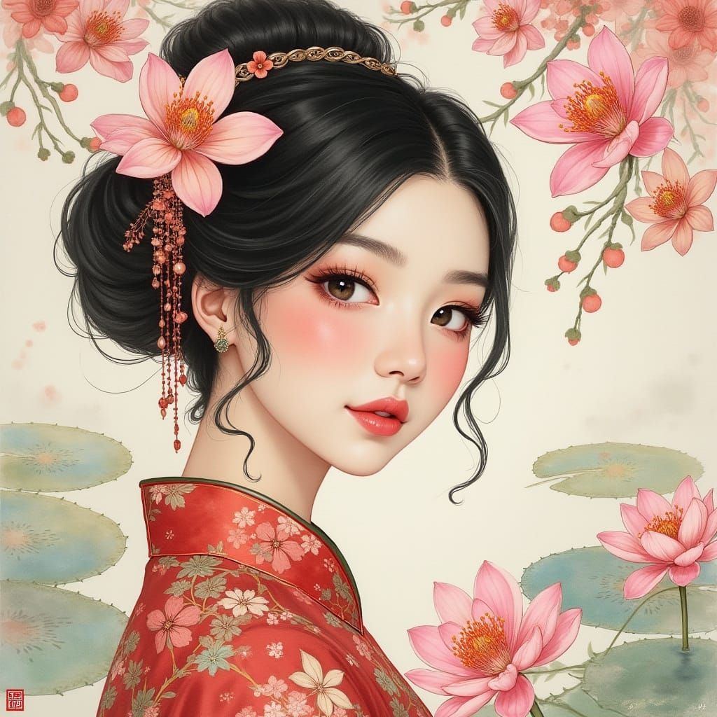 Elegant Asian Goddess in Watercolor Whimsy