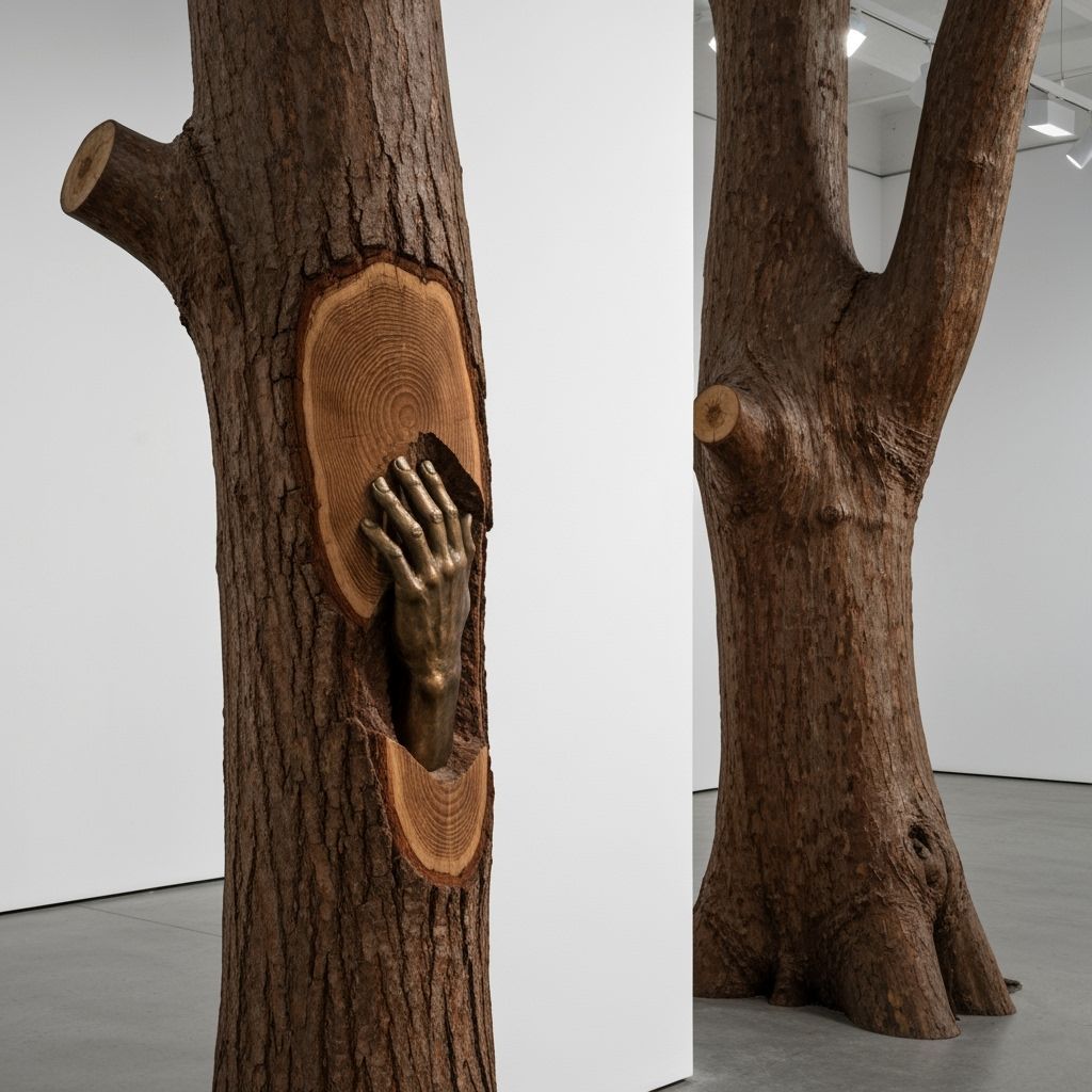 Bronze Hand Emerges from Tree Trunk in Art Installation