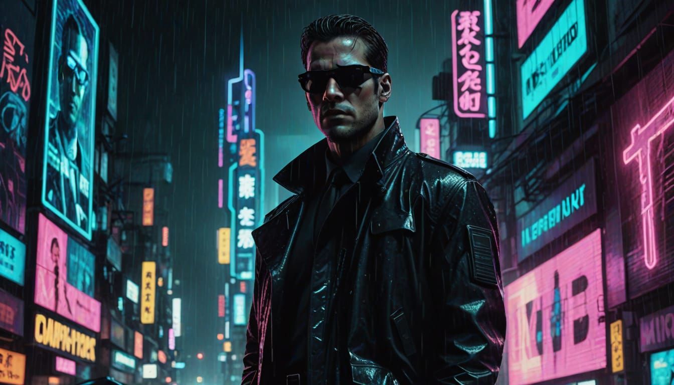 Cyberpunk Men in Black Agent in Neon City