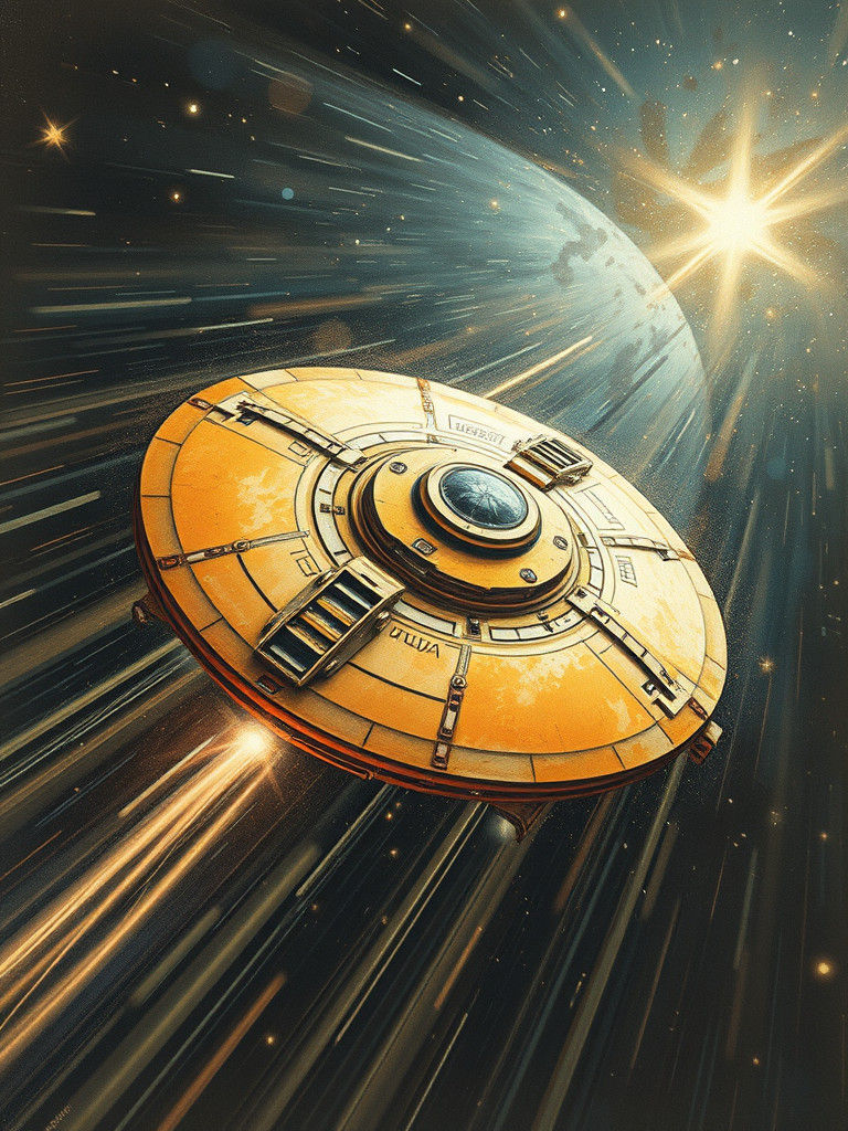 Retrofuturistic Spacecraft Blurs Through Cosmic Dust in Grit...