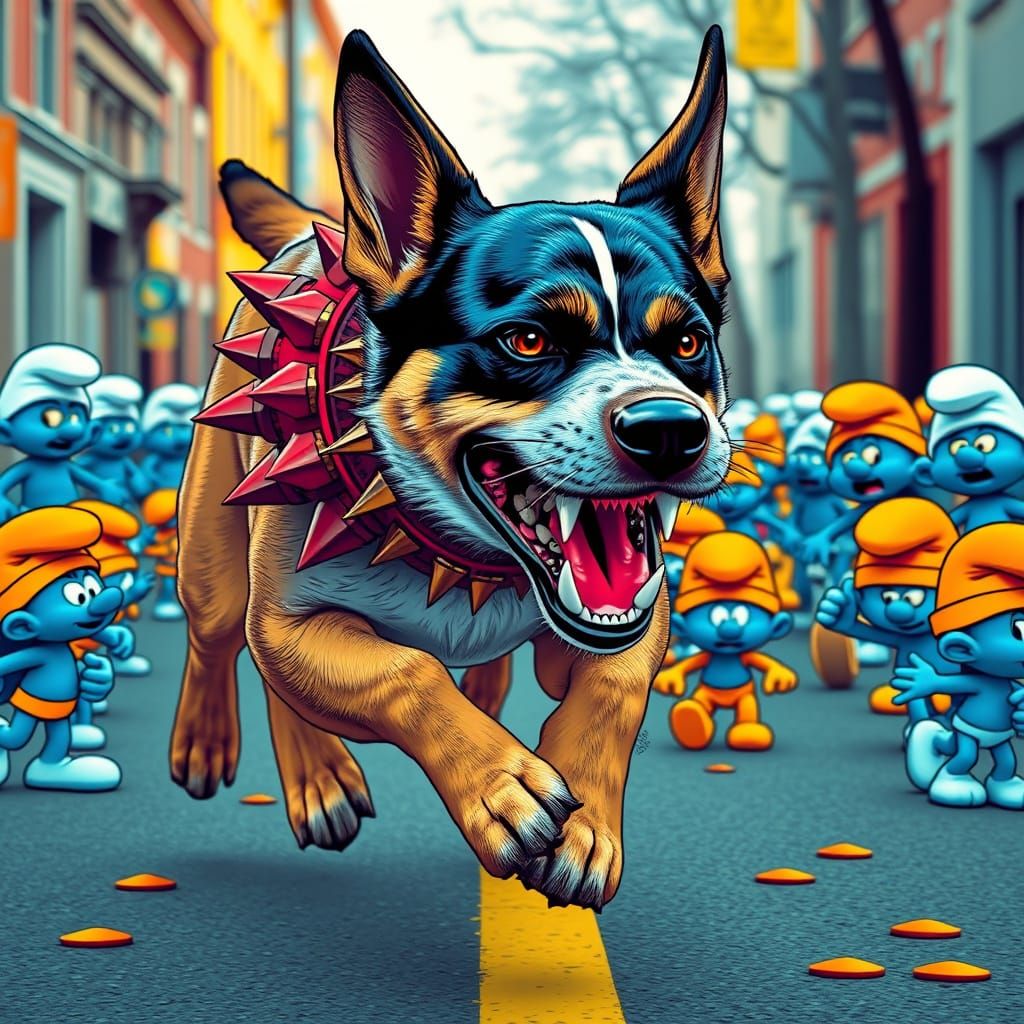 Furious Dog Chasing Smurfs in Pop Art Style