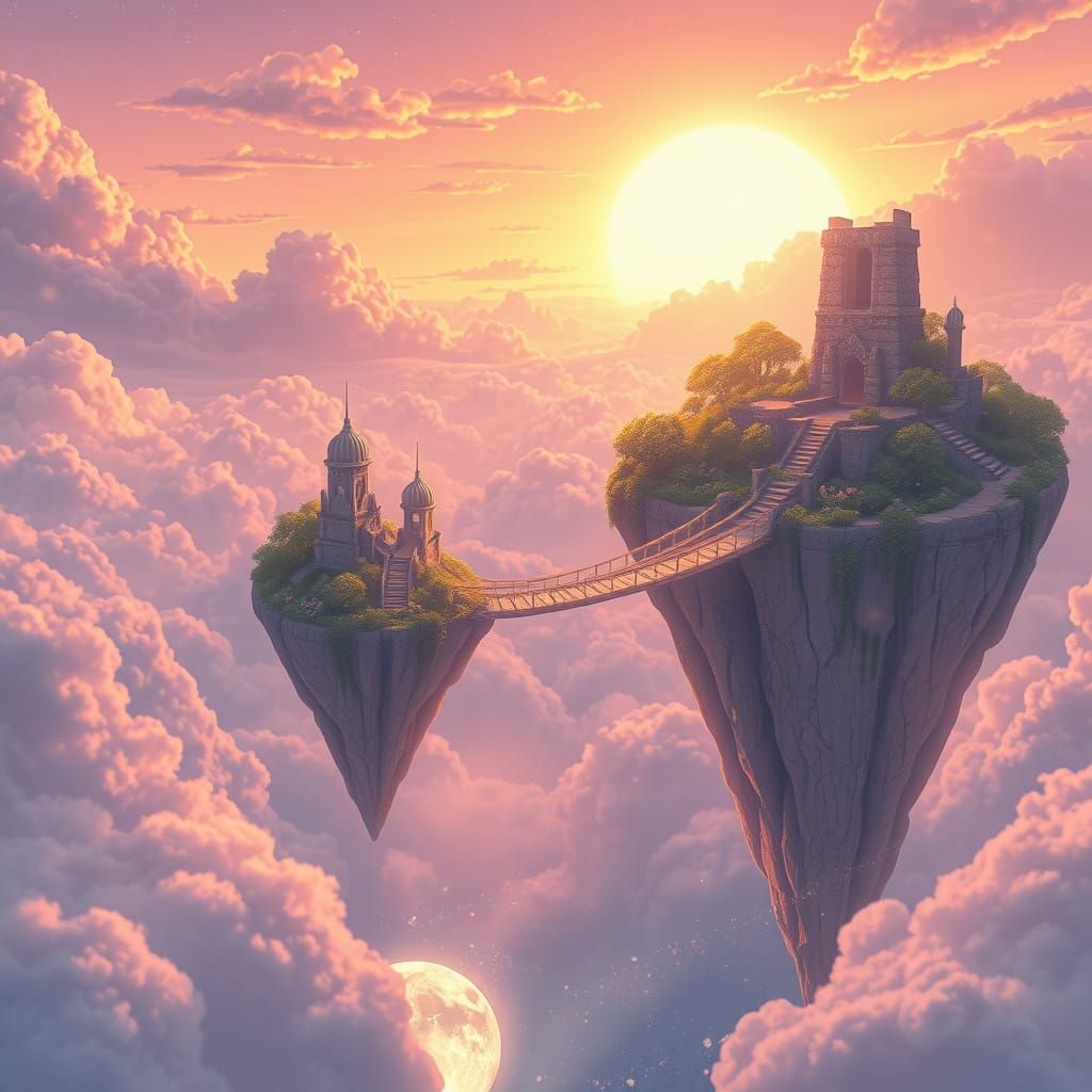 Ethereal Sky Islands Connect via Shimmering Starlight Bridge