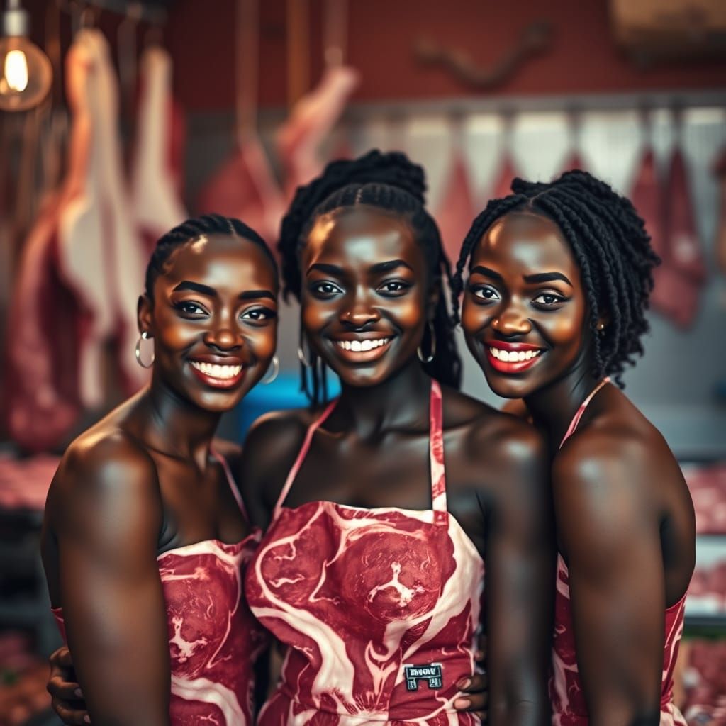Smiling Women in Raw Meat Dresses, Photorealistic