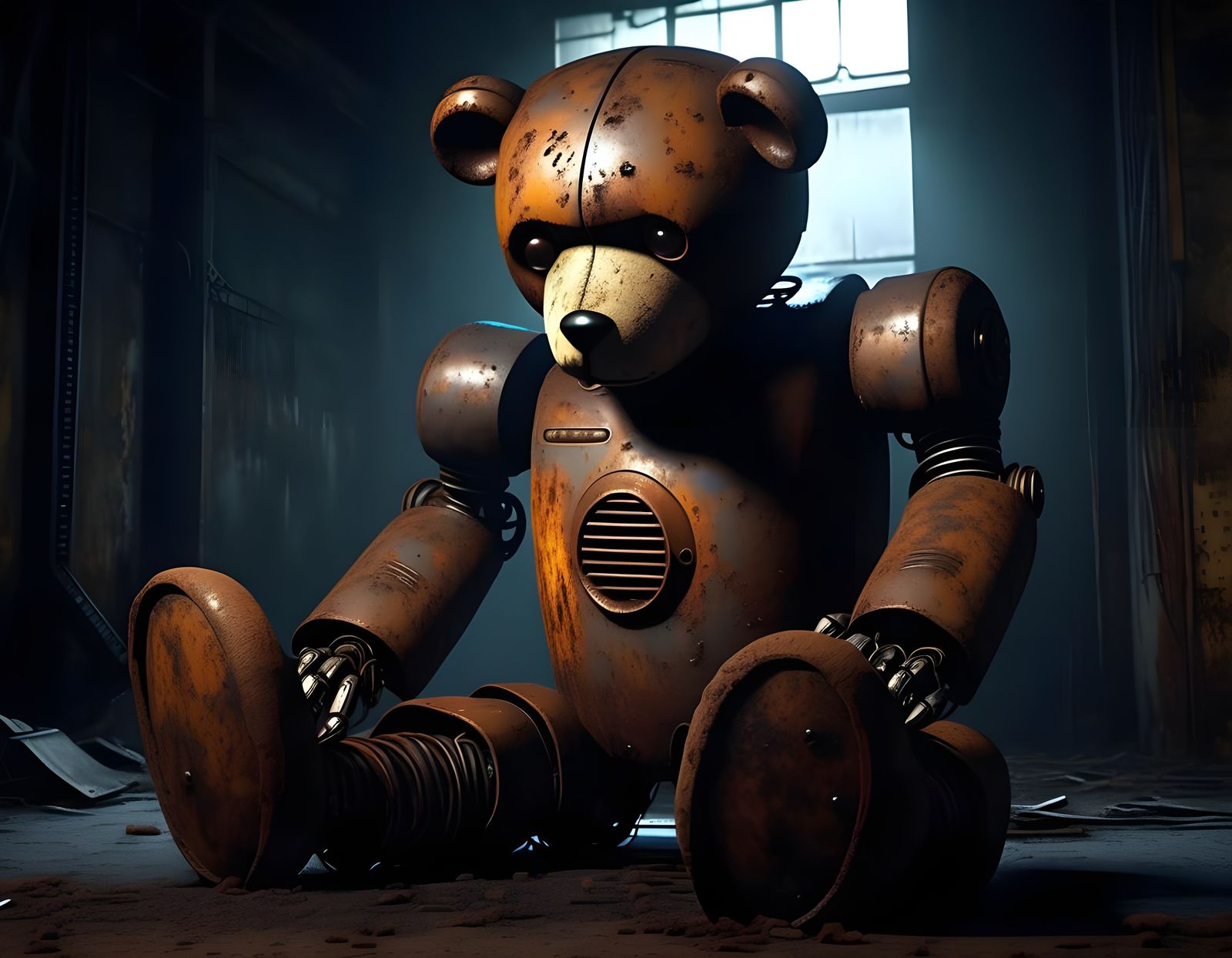 Gothic Robot Hugs Teddy in Fading Room