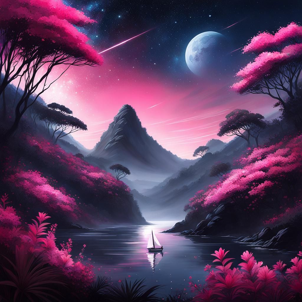 Sailboat in Mystical Jungle Galaxy Night