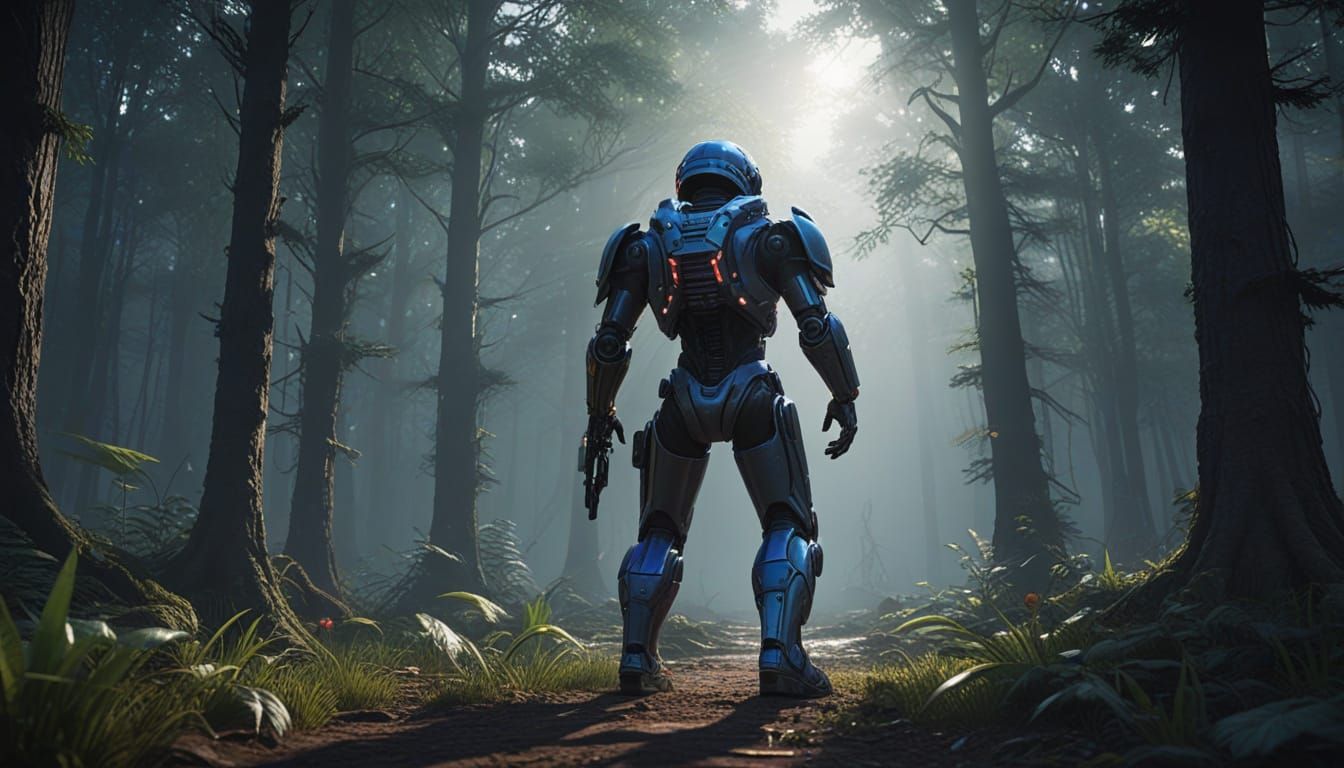 Sci-Fi Space Marine in Alien Forest