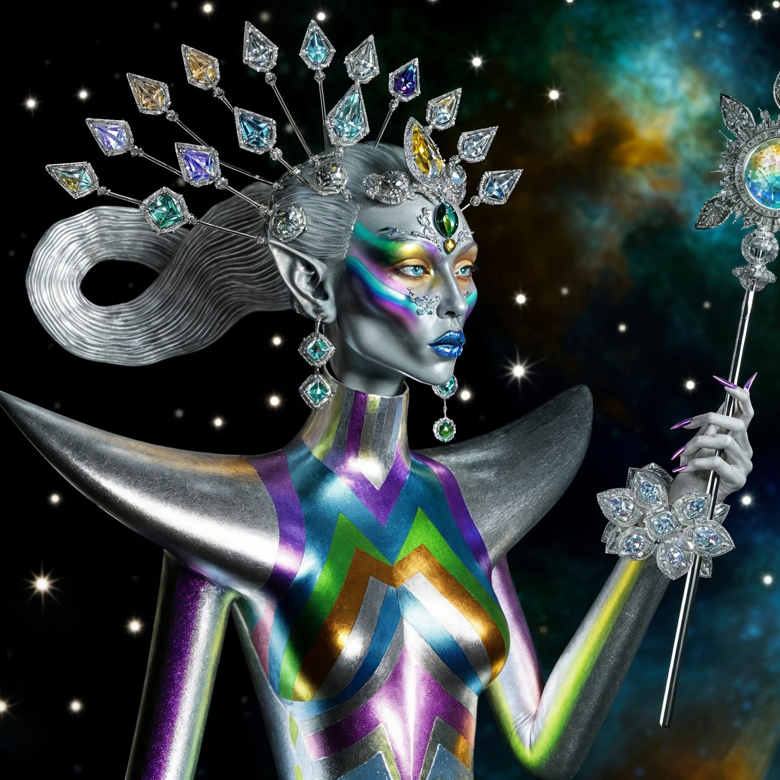 Galactic Princess with Crystal Hair and Gemstone Crown