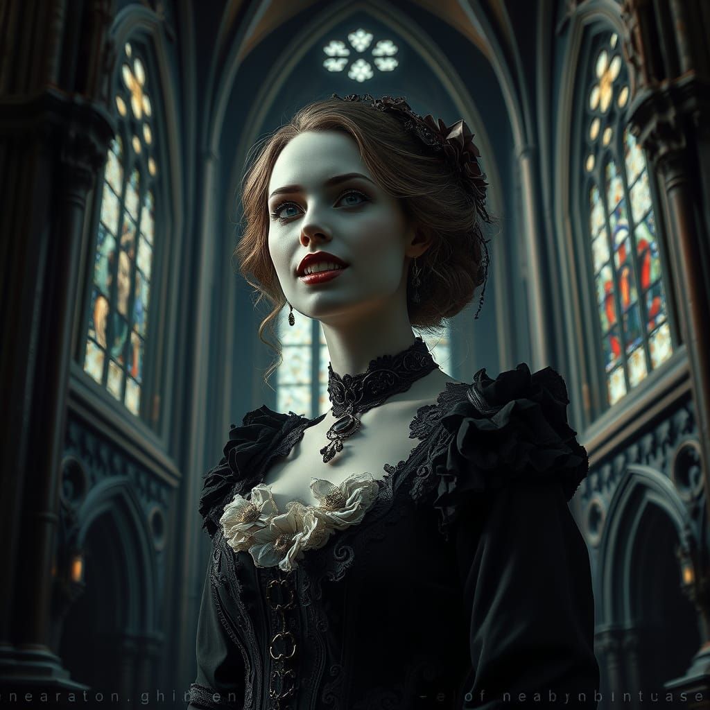 Hyperrealistic Vampire Woman in Gothic Cathedral