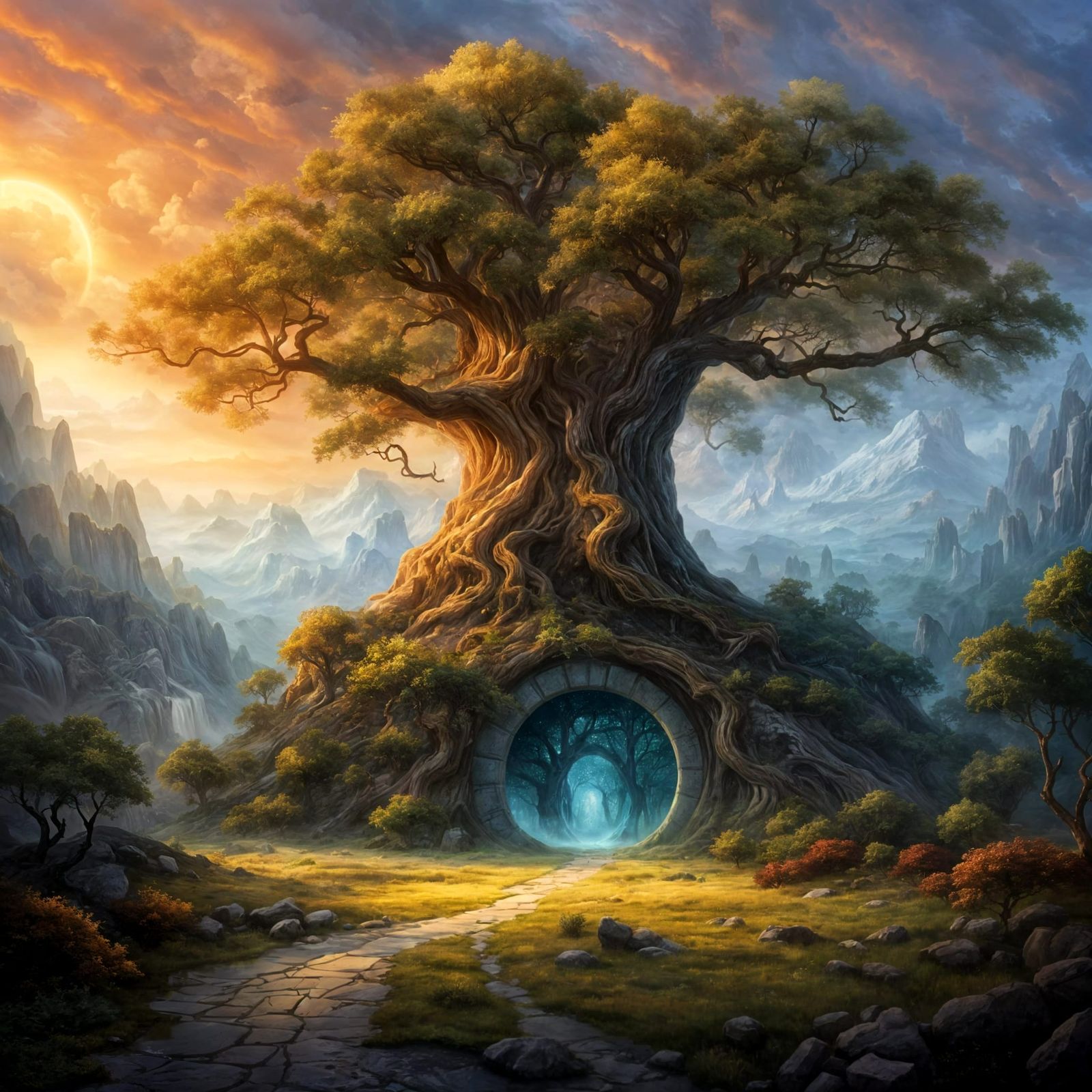 Cosmic Tree Portal in Golden Hour Light