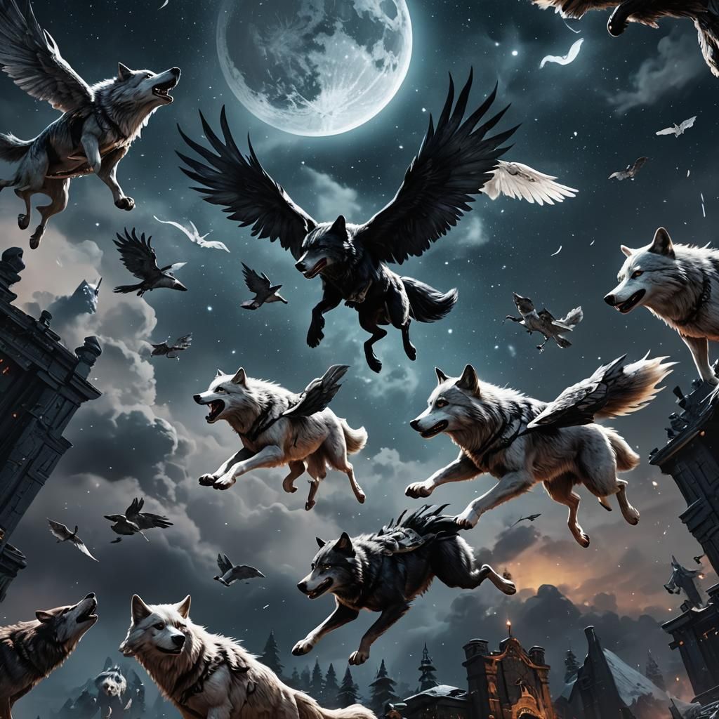 Wolves Fly in Night Sky: Detailed Matte Painting