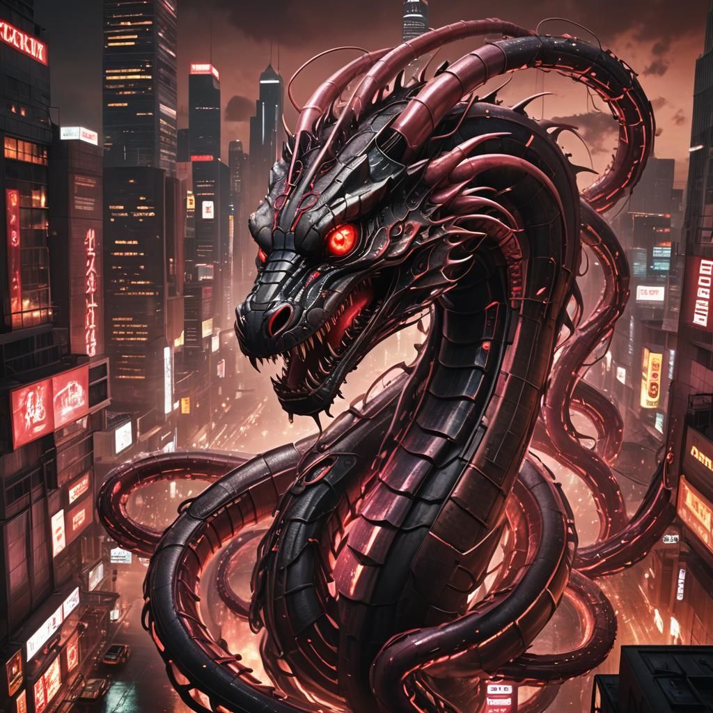 Cyberpunk Serpent Over Dystopian Cityscape