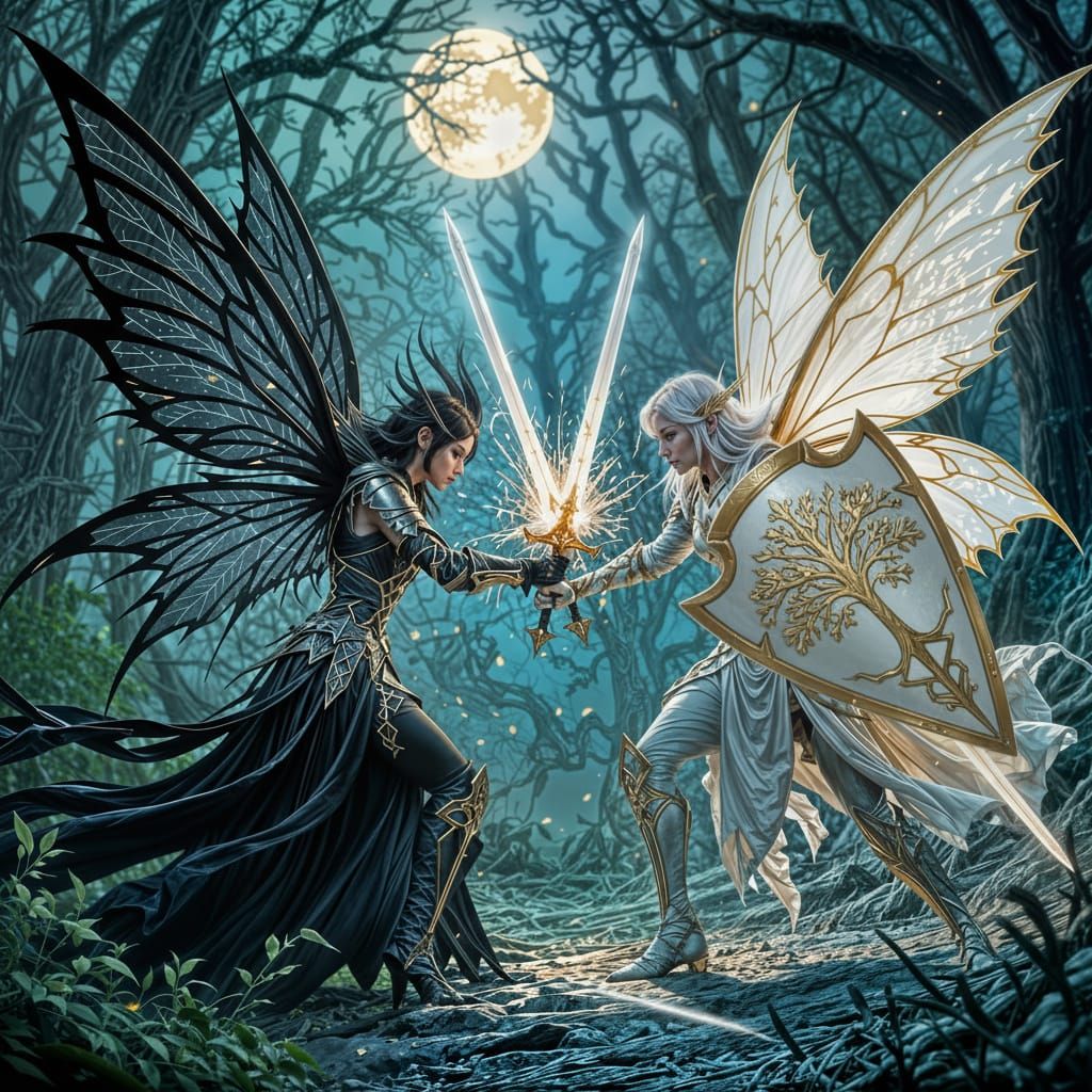 Dark Fairy Battles White Elf Warrior with Golden Oak Insigni...