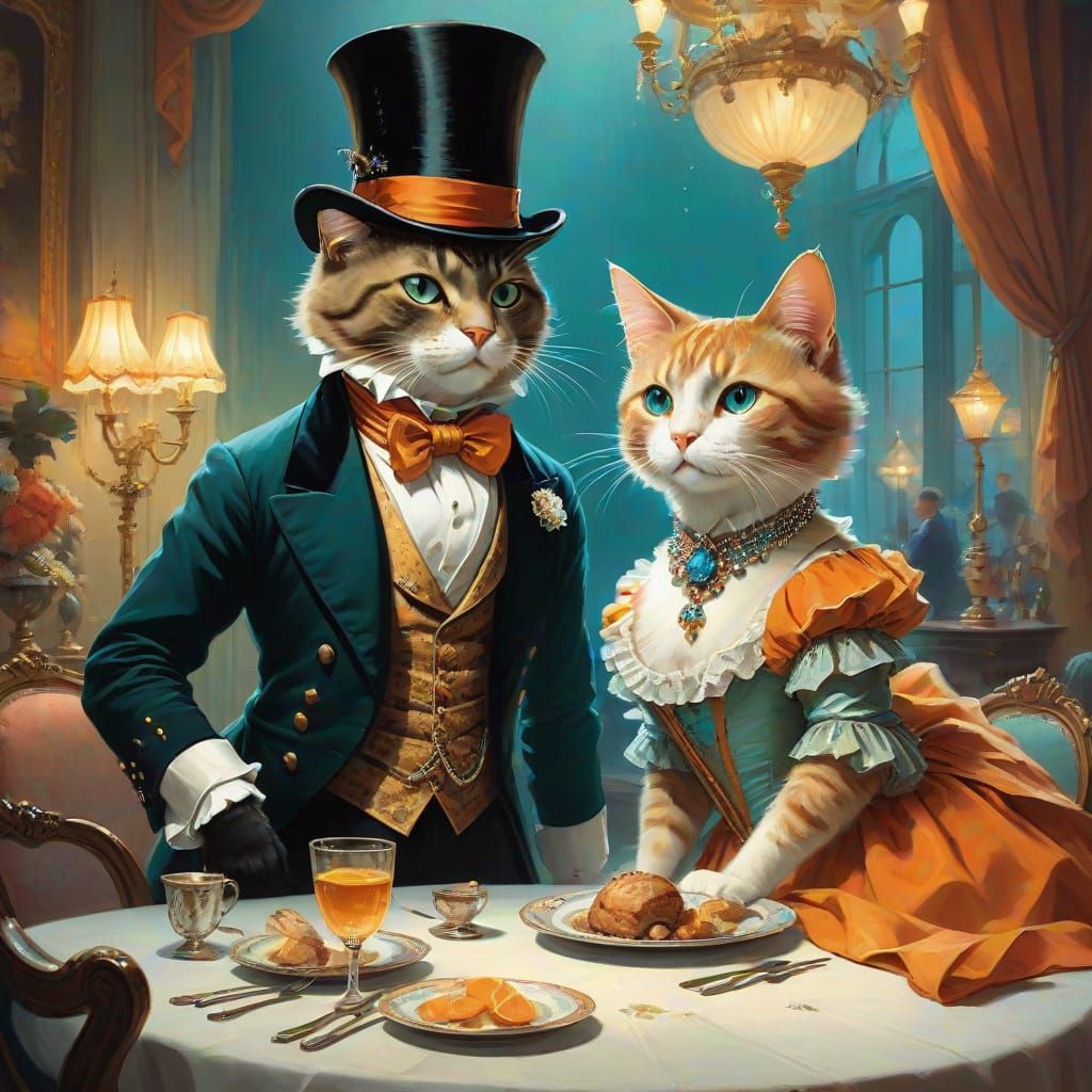 Victorian Romance Cat Couple in Elegant Attire