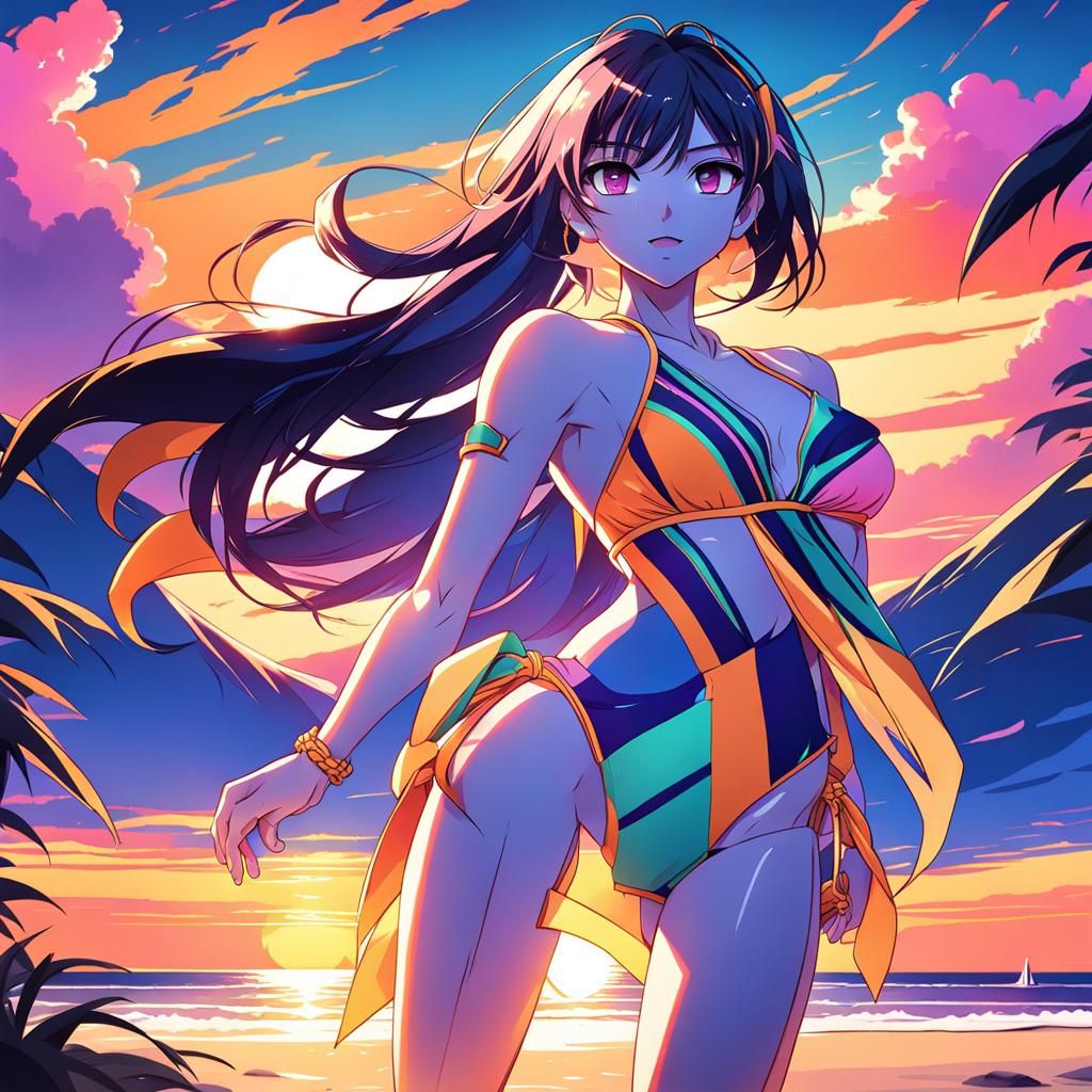 Anime Girl on Beach in Studio Trigger Style