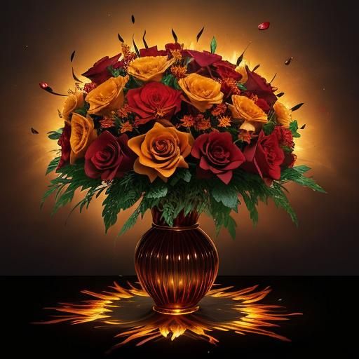 Fiery Floral Bouquet with Glowing Crimson Flames