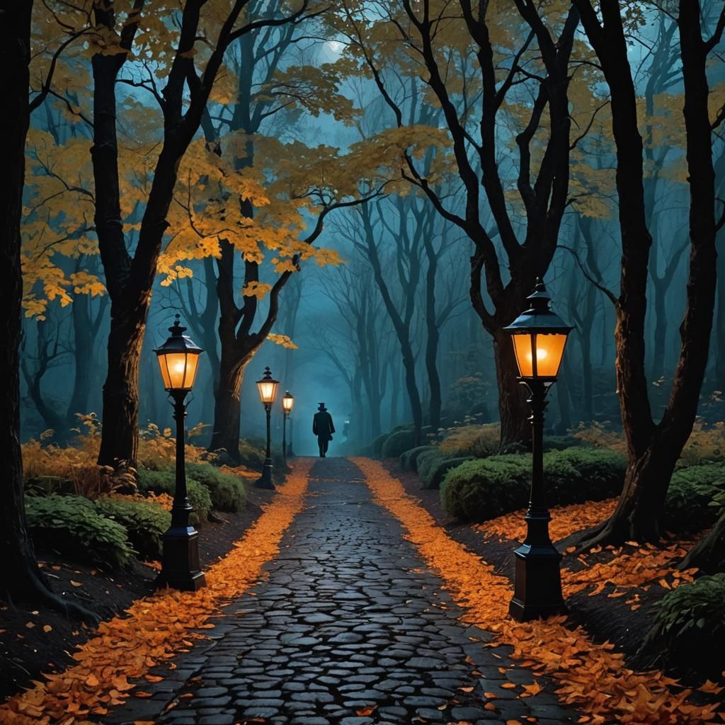 Eerie Forest Path: A Film Noir Storybook Scene