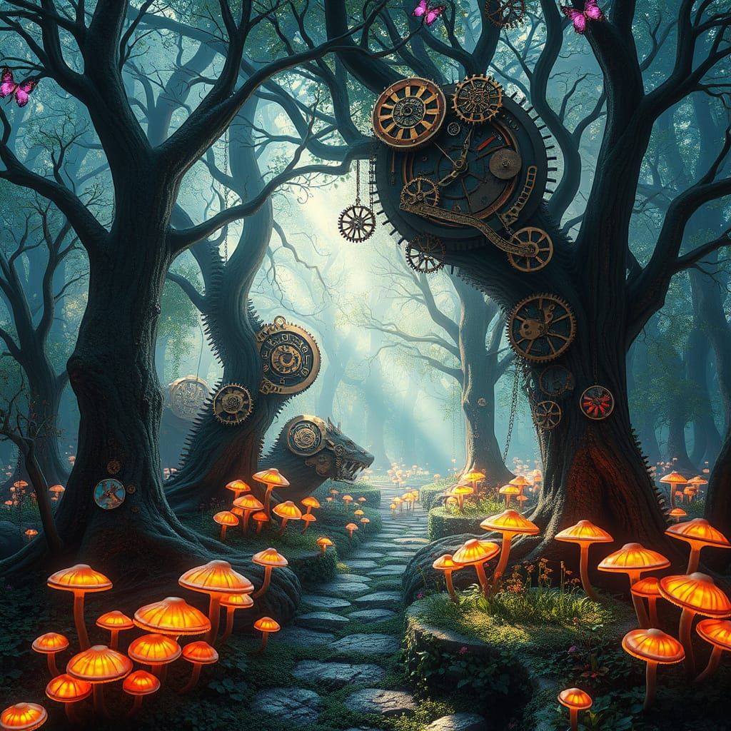 Clockwork Forest Glade with Glowing Mushrooms