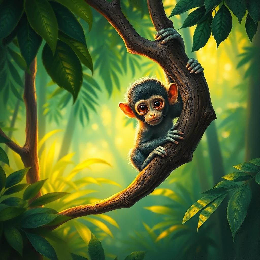 Baby Monkey in Rainforest Oil Painting