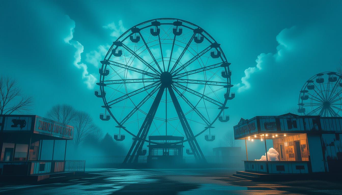 Eerie Abandoned Carnival at Midnight in Teal Fog