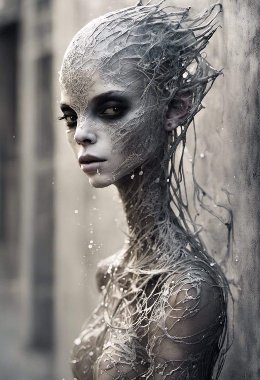 Ethereal Alien with Silver Threads in Graffiti Art Style