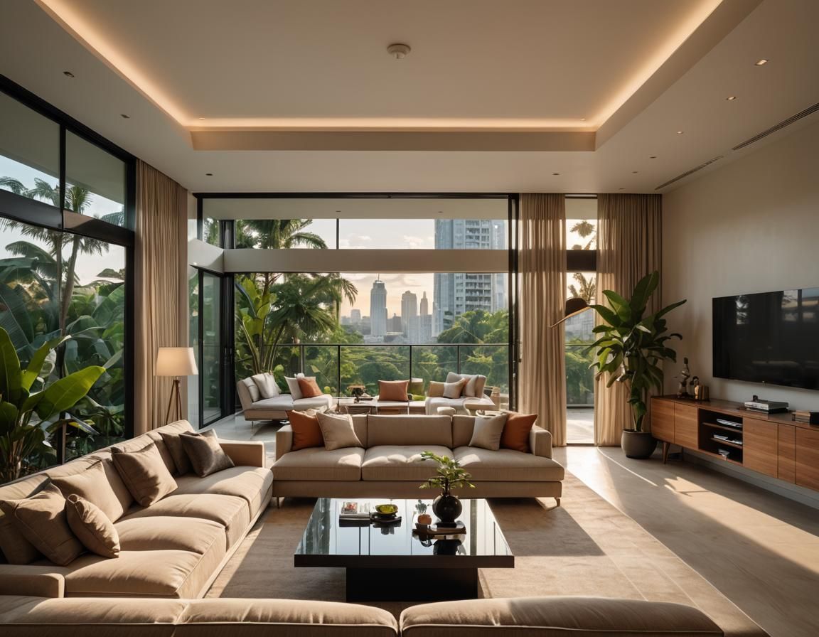 Tropical Modernism Living Room with Urban Sunset View