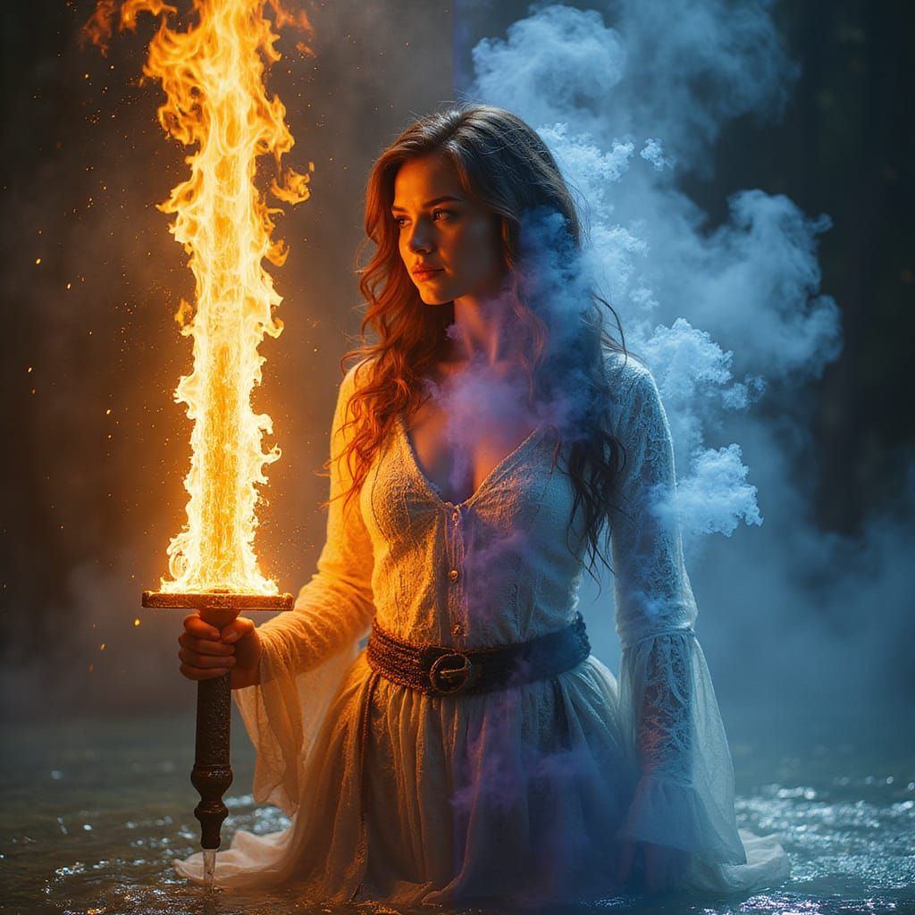 Surrealistic Elemental Warrior in Fiery and Watery Balance