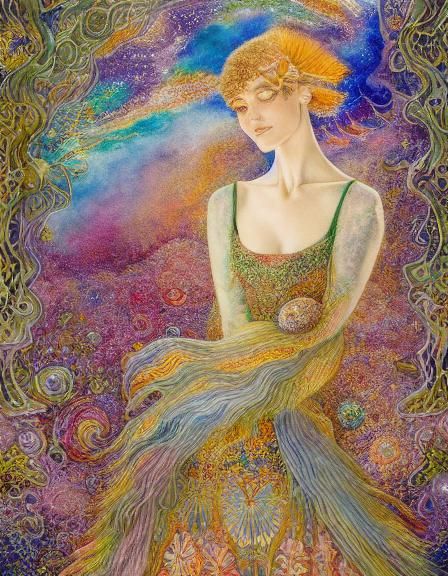 Woman in Space Amidst Surreal Sun and Moon Flower