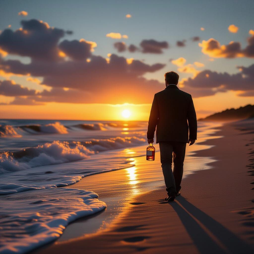Man Walking Beach at Sunset with Whisky