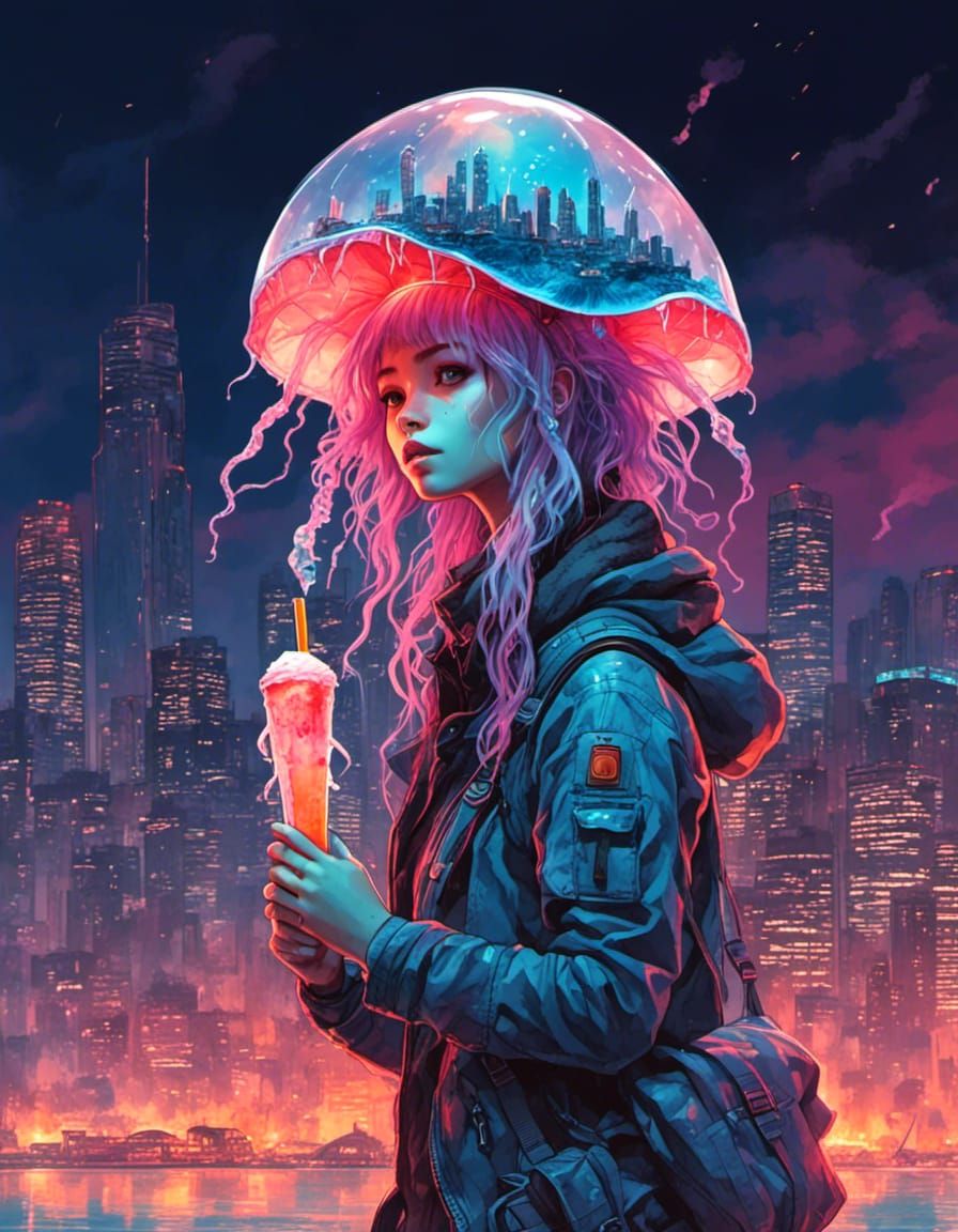 Cyberpunk Girl with Popsicle, Montreal Skyline Burning