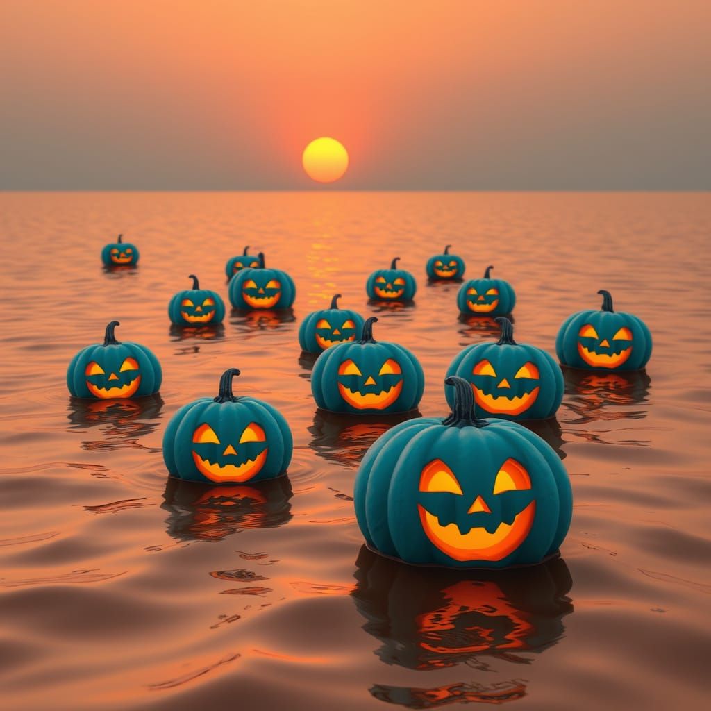 Turquoise Pumpkins Float on a Sunset Sea