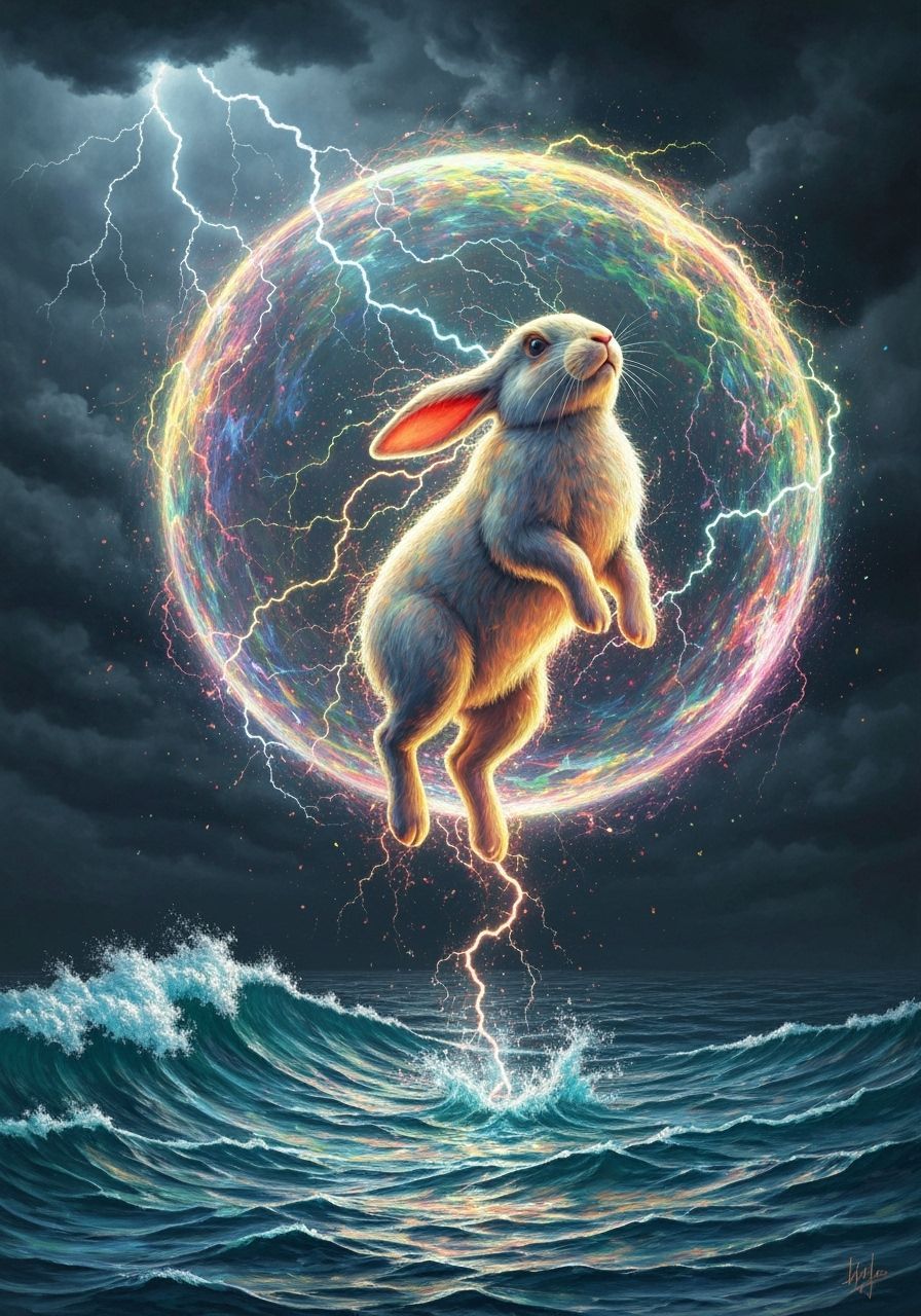 Glowing Rabbit Ascending in Electric Storm