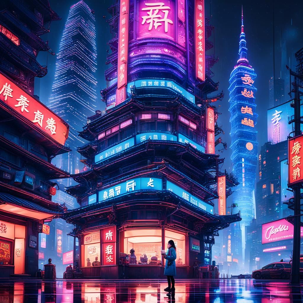 Cyberpunk Girl with Pearl Milk Tea in Neon City