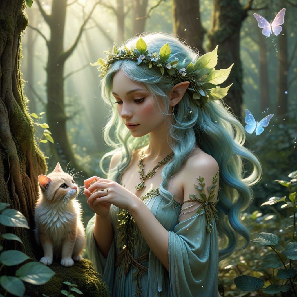 forest dryad girl pets her chibi neko fey creatures