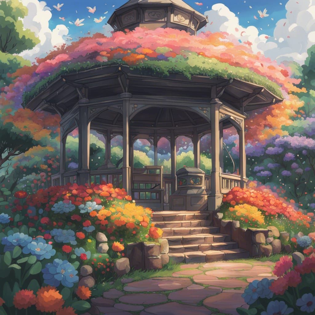 gazebo in a ghibli garden full of flowers