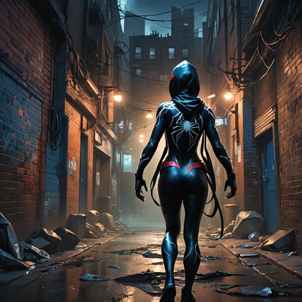 Spider Gwen Venom Symbiote in Dark Alley Concept Art