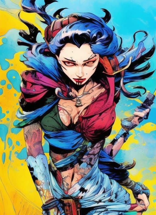 Sneaky Rogue Woman Portrait in Marbling Oil Style