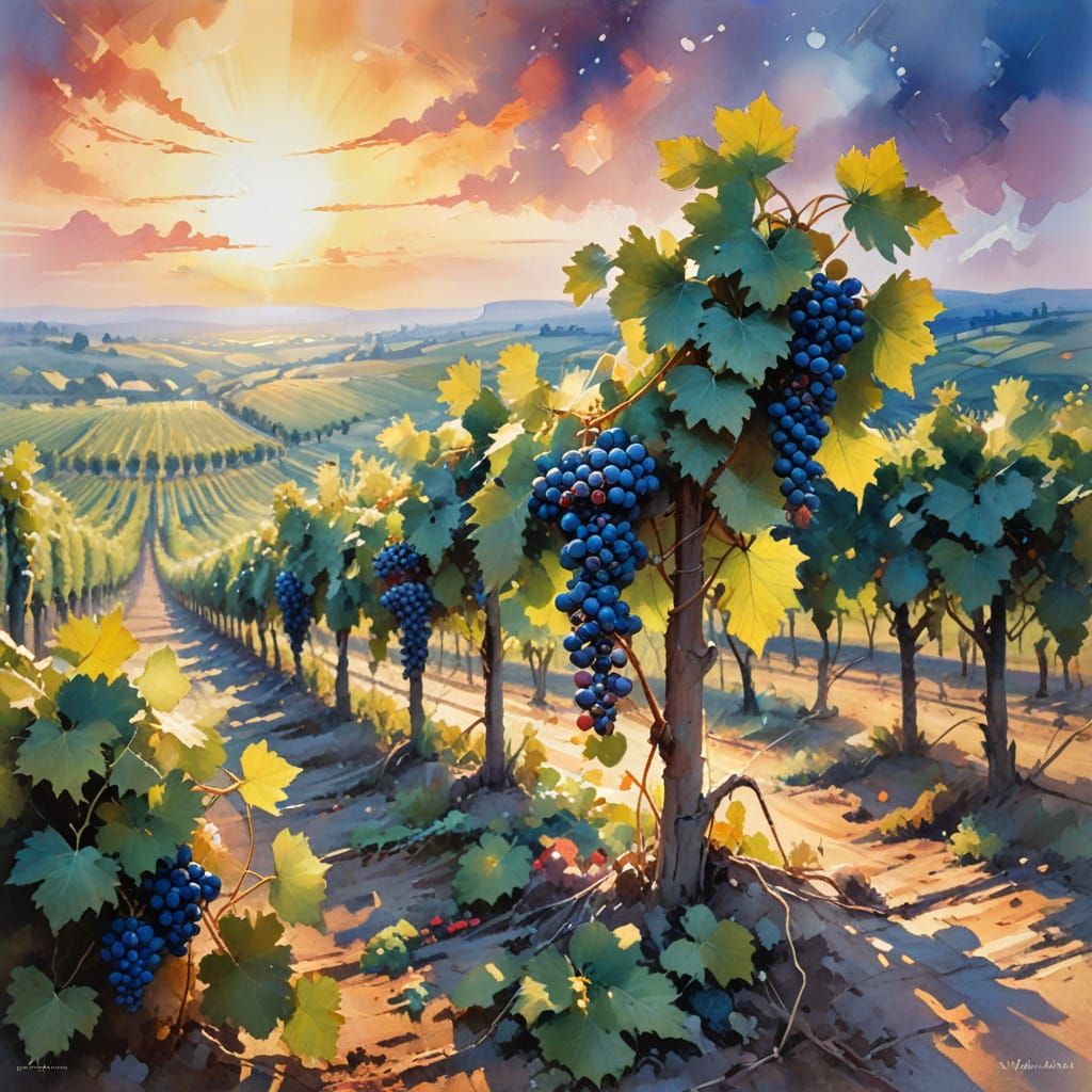 Bioluminescent Vineyard at Twilight in Watercolour Style