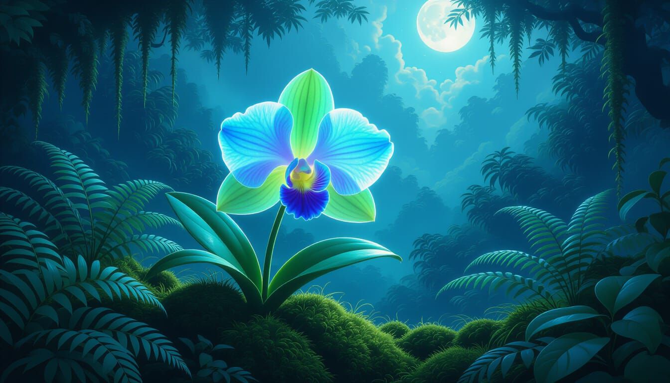 Bioluminescent Orchid in Misty Jungle Twilight