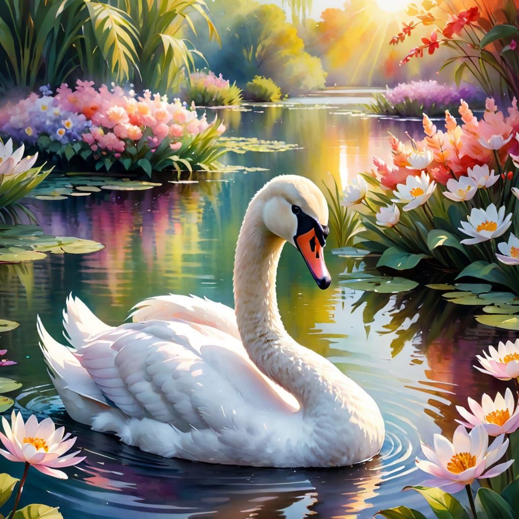 Impressionist Swan in Serene Pond Setting